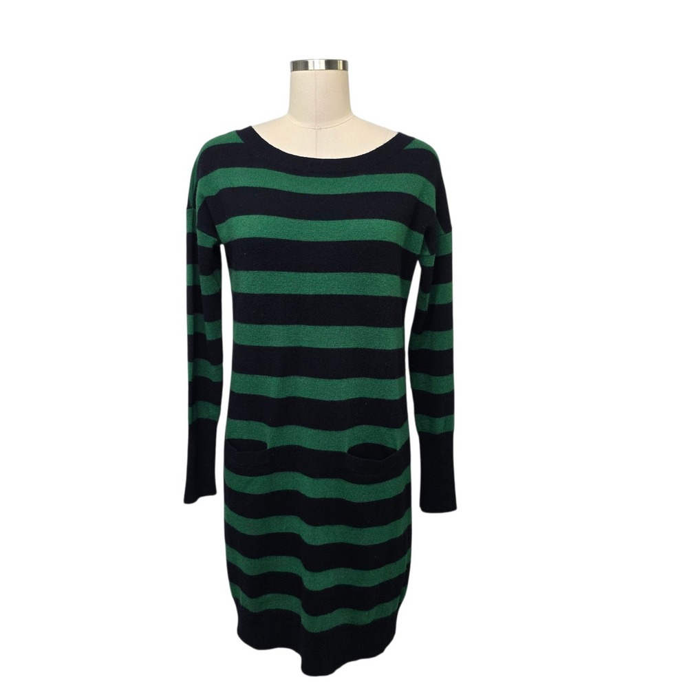 J.Crew Womens Wool Cashmere Striped Sweater Dress Navy Green Pockets Size Small